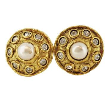 CHANEL earrings vintage round circle fake pearl rhinestone GP plated gold ladies