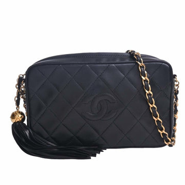 CHANEL Leather Matelasse Coco Mark Fringe Chain Shoulder Bag Black Ladies