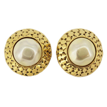 CHANEL earrings circle fake pearl GP plated gold ladies