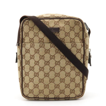 GUCCI GG Canvas Shoulder Bag Leather Khaki Beige Dark Brown 122759