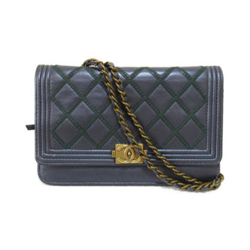 CHANEL BOY  Chain Wallet Shoulder Bag Blue Green Metallic blue Lambskin [sheep leather]