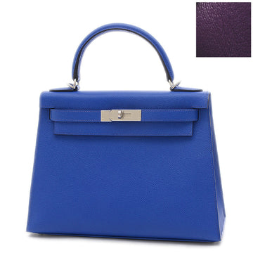 HERMES Kelly 28 Verso Outer Stitched Epson Handbag Blue France/Cassis Silver Metal Fittings U Engraved