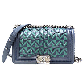 CHANEL Boy 25 Chain Shoulder Women's Bag Calf Navy/Green