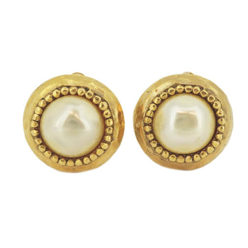 CHANEL earrings vintage round circle fake pearl GP plated gold white ladies