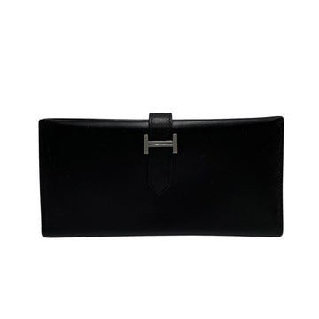 HERMES Logo Bearn Box Calf Leather Genuine Bifold Long Wallet Black 26453