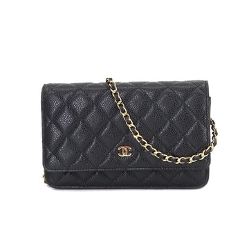 CHANEL matelasse classic chain wallet long caviar skin black AP0250 gold metal fittings Chain Wallet