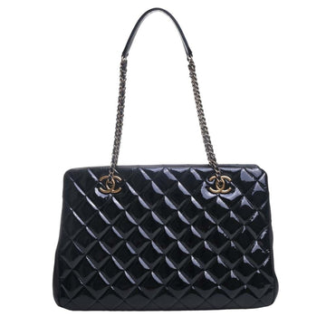 CHANEL Patent Matelasse Coco Mark Chain Tote Bag Black Ladies