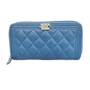 CHANEL long wallet boy  lambskin blue silver hardware ladies