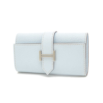 HERMES Bearn Key Case 4 Chevre Blue Blume Silver Hardware