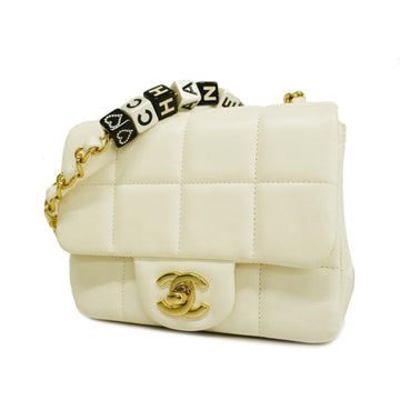 CHANEL Shoulder Bag Chocolate Bar Chain Lambskin White Champagne Gold Hardware Women's