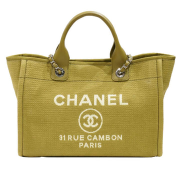 CHANEL Deauville Small Bag Tote Olive Green Canvas Leather Women's Men's