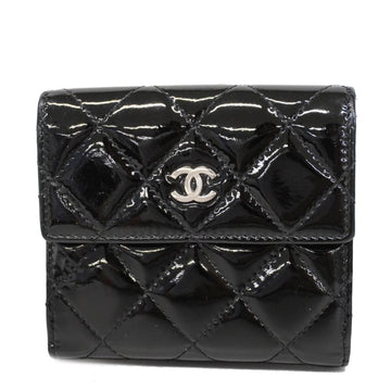 CHANEL Trifold Wallet Matelasse Patent Leather Black Silver Hardware Women's