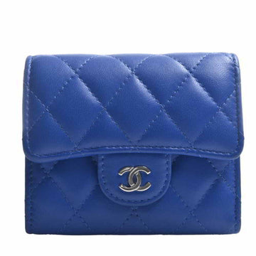 CHANEL Lambskin Matelasse Coco Mark Trifold Wallet Blue