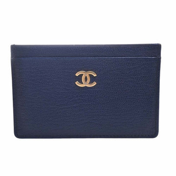 CHANEL Leather Coco Mark Card Case Navy Ladies