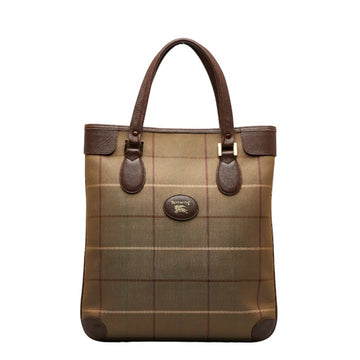 BURBERRY Check Tote Bag Khaki Brown Canvas Leather Women's