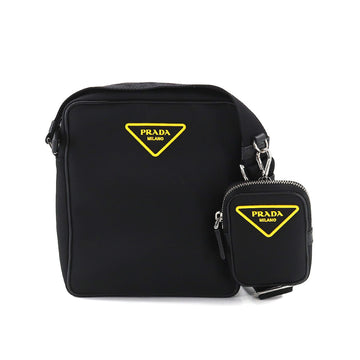 PRADA Nylon Messenger Shoulder Bag Leather Black Yellow 2VH112 Silver Hardware