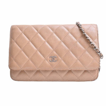 CHANEL Caviar Skin Matelasse Coco Mark Chain Shoulder Long Wallet Beige Ladies