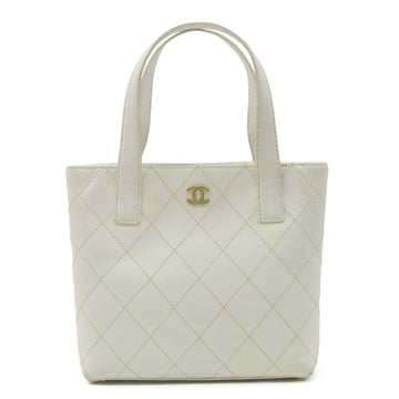 CHANEL Wild Stitch Coco Mark Handbag Tote Bag Leather White A18126