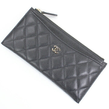 CHANEL Long Wallet Matelasse Quilted Black Leather Caviar Skin Coco Mark Women's