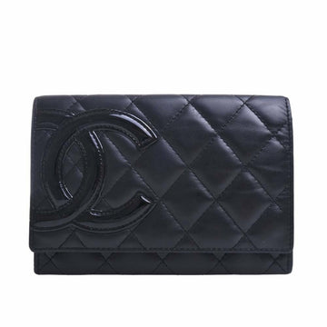 CHANEL Leather Cambon Coco Mark Bifold Wallet Black Ladies