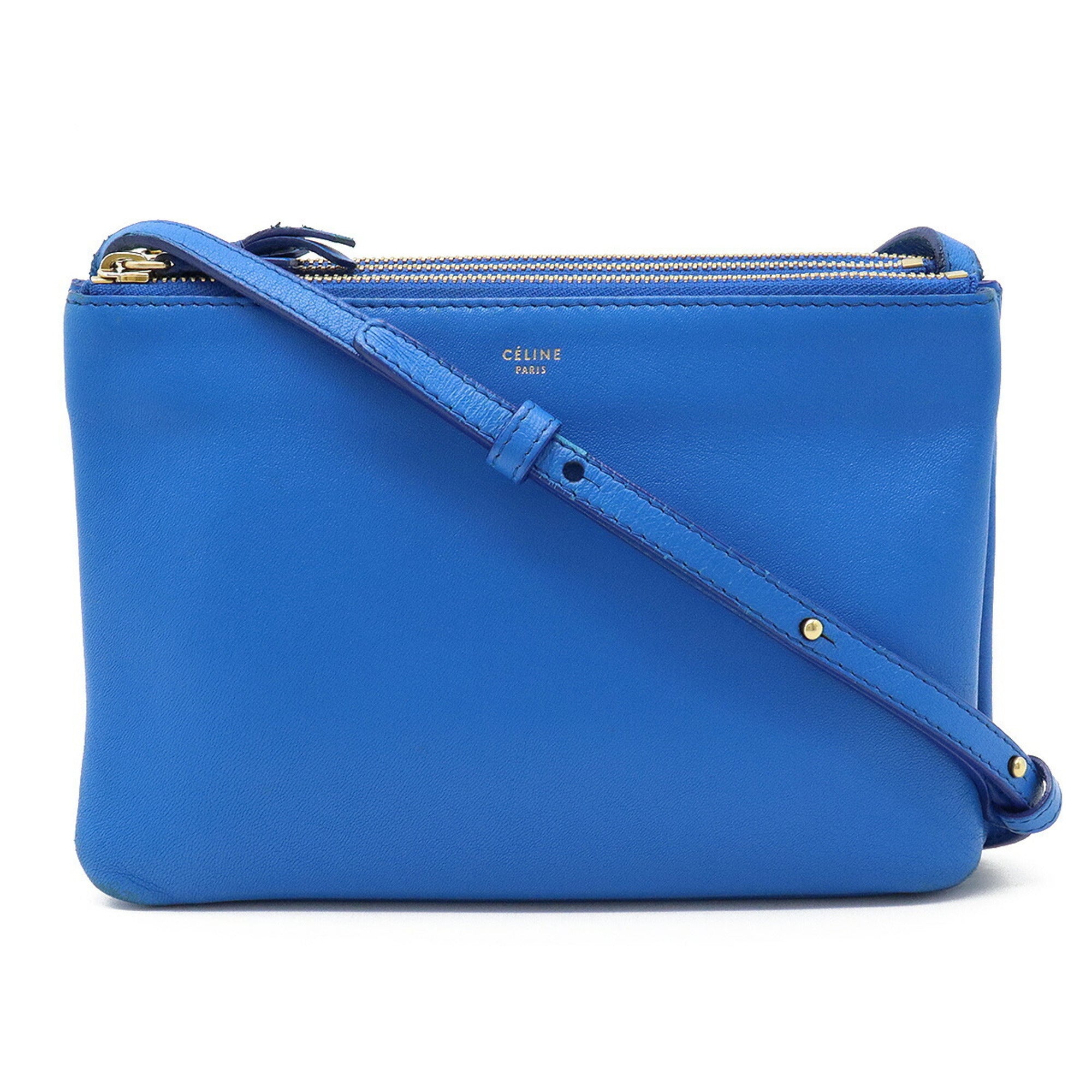 CELINE Trio Small Shoulder Bag Pouch Pochette Lambskin Leather Blue 19