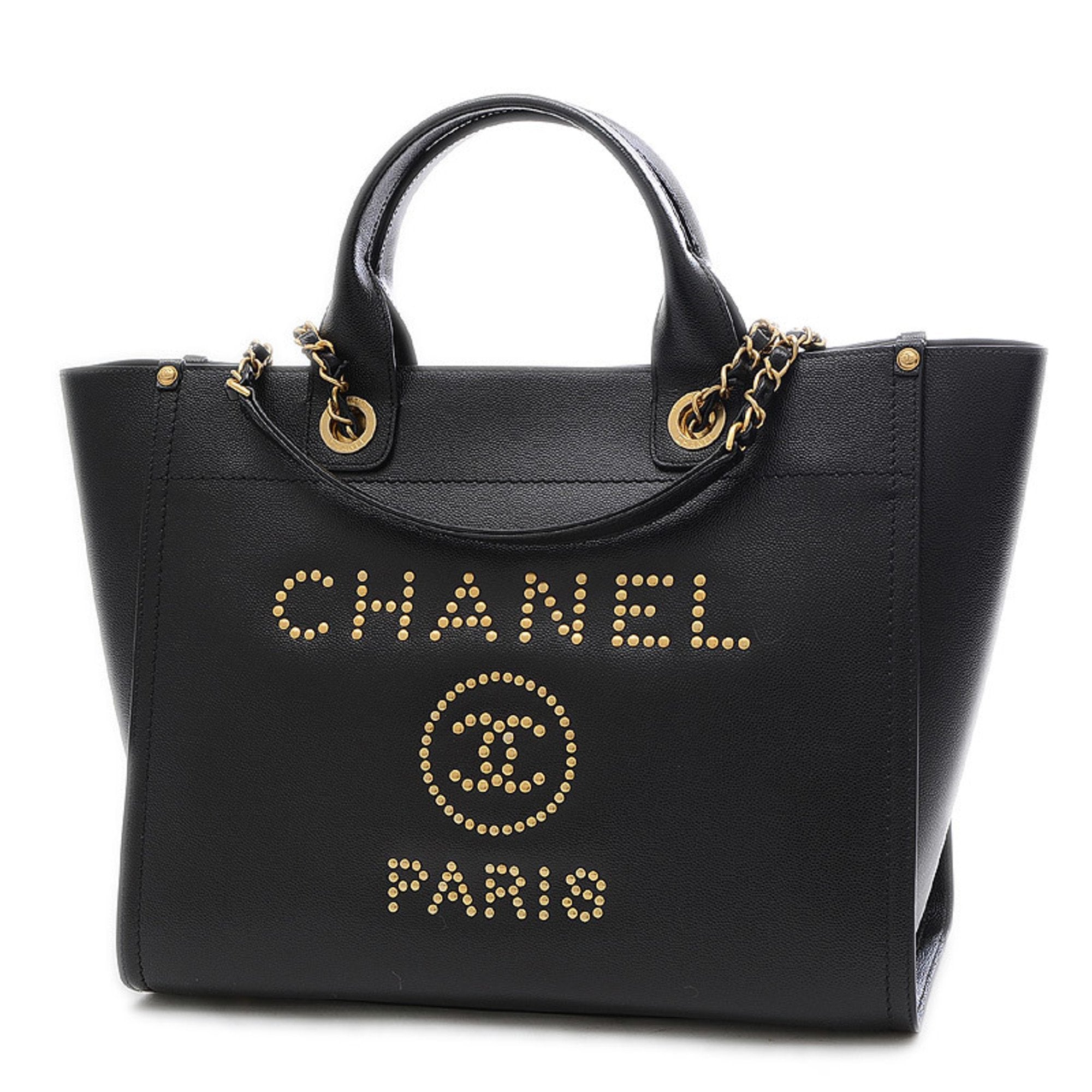 Chanel Deauville Tote Bag Studded Caviar Skin Black A57067