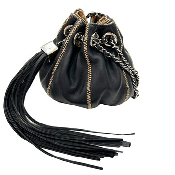 Chanel drawstring pouch shoulder bag handbag with leather fringe black ladies