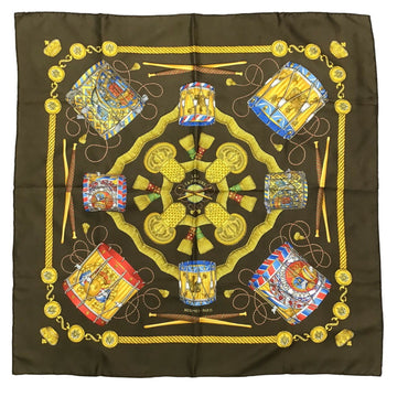 HERMES Carre 90 Scarf Stole Silk LES TAMBOURS Tambour Drum Brown/Gold Women's Men's Accessory Gift