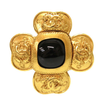 Chanel Vintage Coco Mark Blackstone Gold Brooch 96A Accessories