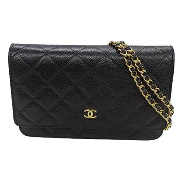 CHANEL Wallet Matelasse Women's Shoulder Chain Caviar Skin Black