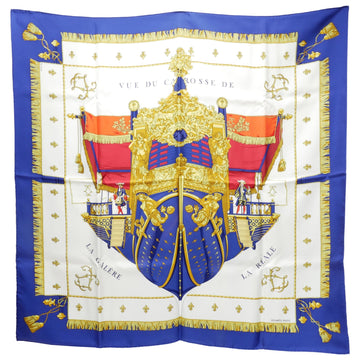 HERMES VUE DU CARROSSE DE LA GALERE REALE Queen's Coronation Carre 90 Large Scarf Shawl Stole Women's 100% Silk Blue/White/Gold/Red 88x88cm