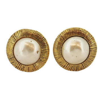 CHANEL earrings circle fake pearl GP plated gold ladies