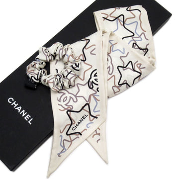 CHANEL scrunchie scarf here mark white x blue system 100% silk