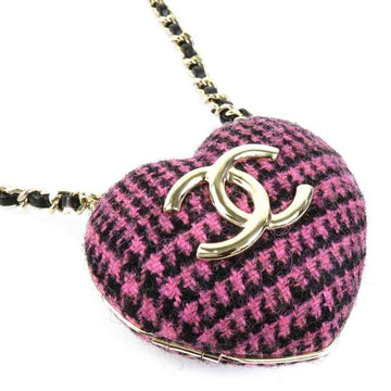 CHANEL Necklace Locket Pendant Coco Mark Tweed/Leather/Metal Pink x Black Gold Women's AB9485