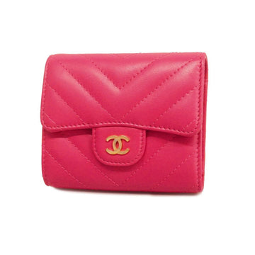 CHANEL Trifold Wallet V Stitch Lambskin Pink Gold Hardware Women's