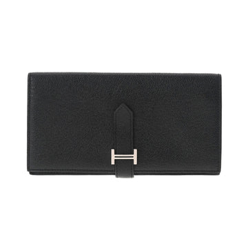 HERMES Bearn Souffle Black Palladium Metal Fittings R Engraved [around 2014] Ladies Chevre Long Wallet