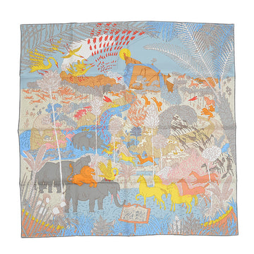 HERMES Carre 90 Scarf Carnival of the Animals LE CARNAVAL DES ANIMAUX Blue Glacier/Jaune