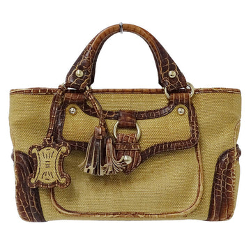 Celine Bag Women's Handbag Boogie Hemp Linen Embossed Leather Brown Beige