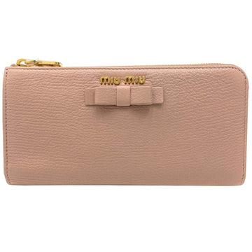 MIU MIU MIU Round Zipper Long Wallet L-shaped Calf Pink Ribbon 5ML183 Ladies