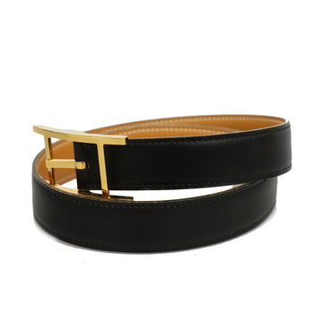 HERMESAuth  Api B Engraved Gold Metal Fittings Women's Leather Belt Black,Gold