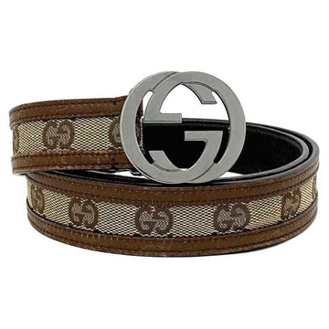 GUCCI Belt Brown Beige Interlocking B0 32 037 Waist 80cm Canvas Leather Metal  GG Buckle