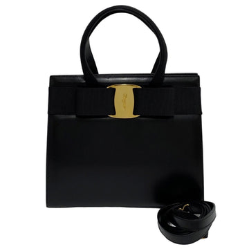 SALVATORE FERRAGAMO Vara Ribbon Metal Fittings Calf Leather 2way Handbag Shoulder Bag Black