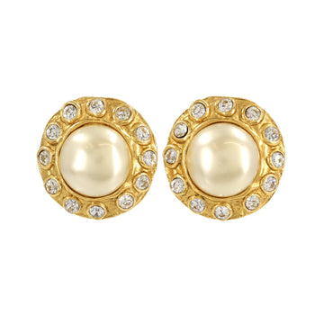 Chanel fake pearl round type earrings rhinestone white gold accessories vintage