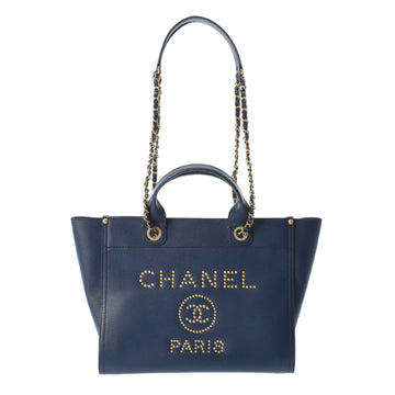 CHANEL Deauville tote blue studs ladies caviar skin bag