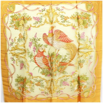 SALVATORE FERRAGAMO Silk Scarf Muffler Orange x Cream Bird/Fruit Pattern Women's Chiffon