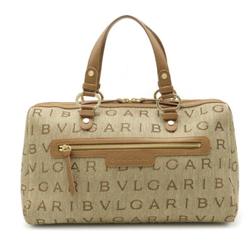 BVLGARI Mania Tote Bag Handbag Canvas Leather Khaki Beige Brown