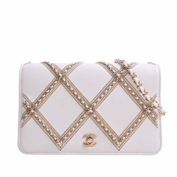 CHANEL Leather Coco Mark Chain Shoulder Long Wallet White Ladies