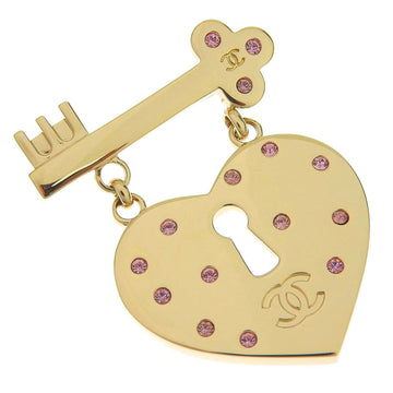 CHANEL Heart Lock Coco Mark A18786 Gold Plated x Rhinestone Pink 02P Women's Brooch