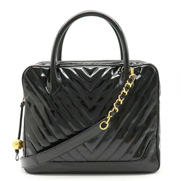 Chanel V stitch chevron handbag shoulder bag enamel patent leather black