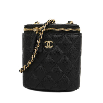 CHANELAuth  Matelasse Vanity Bag Crochet Chain Shoulder Caviar Leather Black